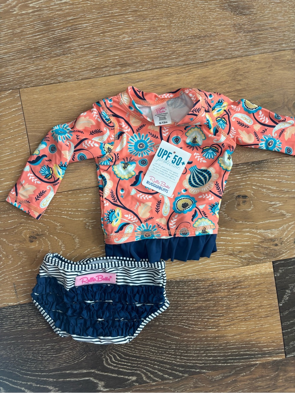 RuffleButts 2 Piece Rash Guard Swimsuit Set 6-12M UPF 50+ Floral
